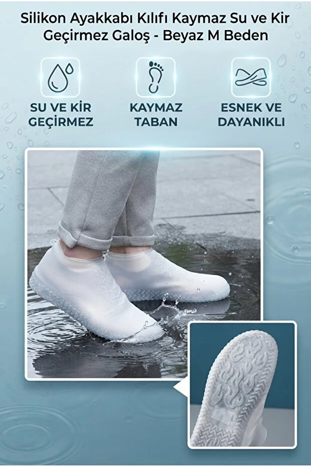 Silikon Ayakkabı Kılıfı Kaymaz Su ve Kir Geçirmez Galoş Beyaz M Beden | Tekrar Kullanılabilir Yağmur ve Çamur 